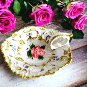 Vintage Italian Floral Bowl Plate Dish Rose 8" x 8" Unique Handle Victorian